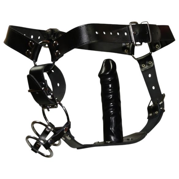 ZADO - Leder Tanga mit Dildo, 3 Penisringen