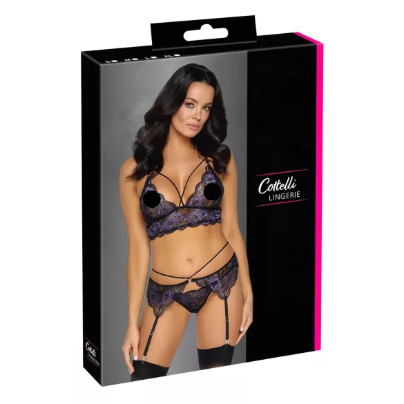 Cottelli - 3-teiliges Spitzenwäsche-Set (schwarz-violett) - L
