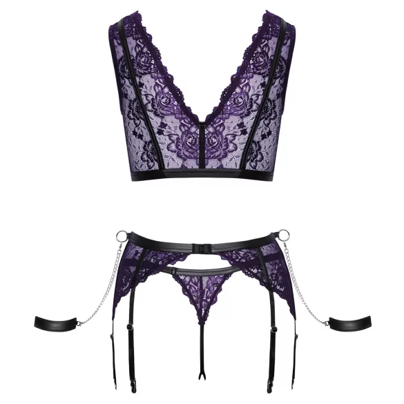 Cottelli Bondage - Dessous-Set und Handschellen (Schwarz-Lila)