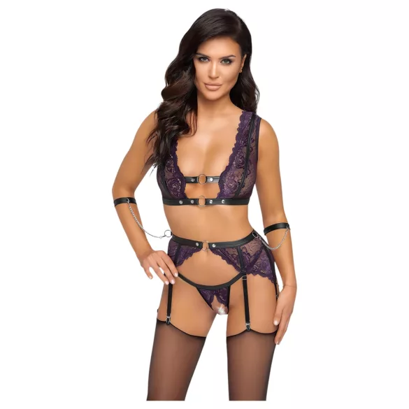 Cottelli Bondage - Dessous-Set und Handschellen (Schwarz-Lila) - M