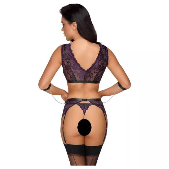 Cottelli Bondage - Dessous-Set und Handschellen (Schwarz-Lila) - L