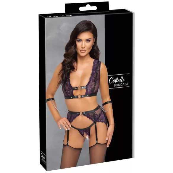 Cottelli Bondage - Dessous-Set und Handschellen (Schwarz-Lila) - L