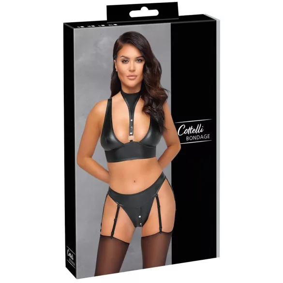 Cottelli Bondage - Glänzendes BH-Set mit Handschellen (Schwarz)