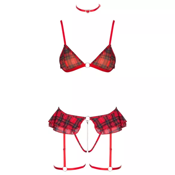 Cottelli - kariertes Dessous-Set mit Strapsen (rot kariert)