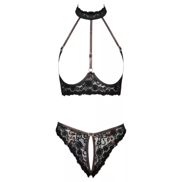 Cottelli - Offener Spitzen-BH und Tanga mit roségoldenen Verzierungen (schwarz)
