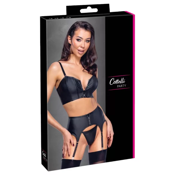 Cottelli - Korsett mit Reißverschluss, Strumpfhalter und String-Set (schwarz) - M
