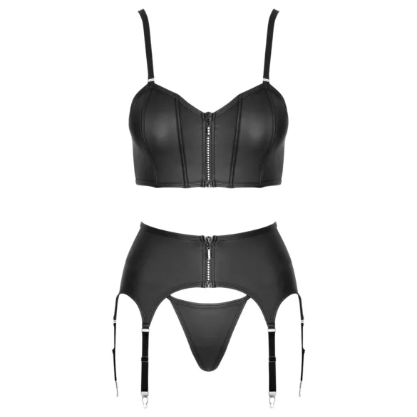 Cottelli - Korsett mit Reißverschluss, Strumpfhalter und String-Set (schwarz) - M