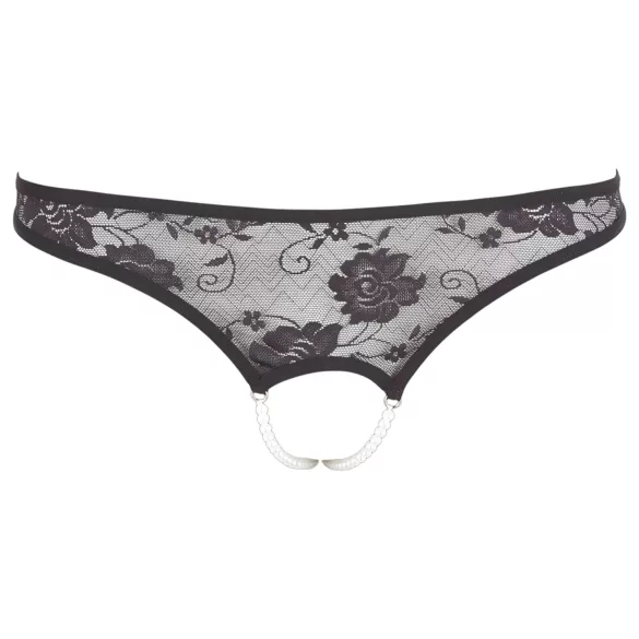 Cottelli - Perlenverzierte offene Spitzen-Tanga (schwarz) - M