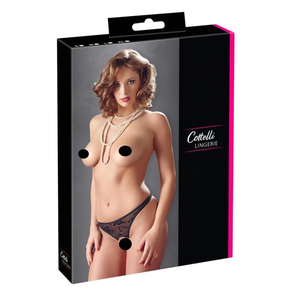 Cottelli - Perlenbesetzter, offener Spitzen-Tanga (schwarz) - XL