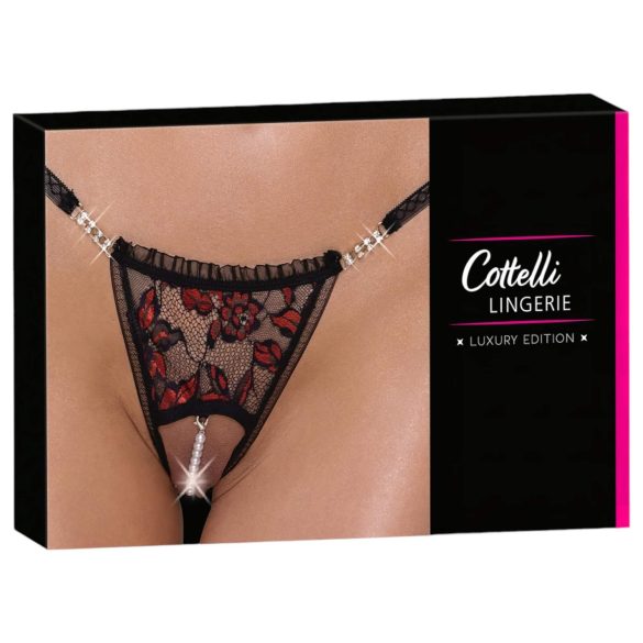 Cottelli - luxuriöser, rosé-perlenbesetzter String (schwarz) - M/L