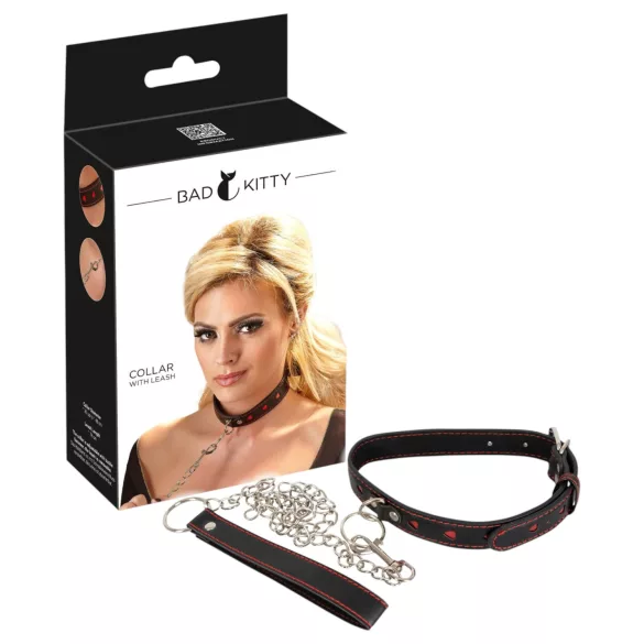 Bad Kitty - Herz Halsband & Metall-Leine (Schwarz)