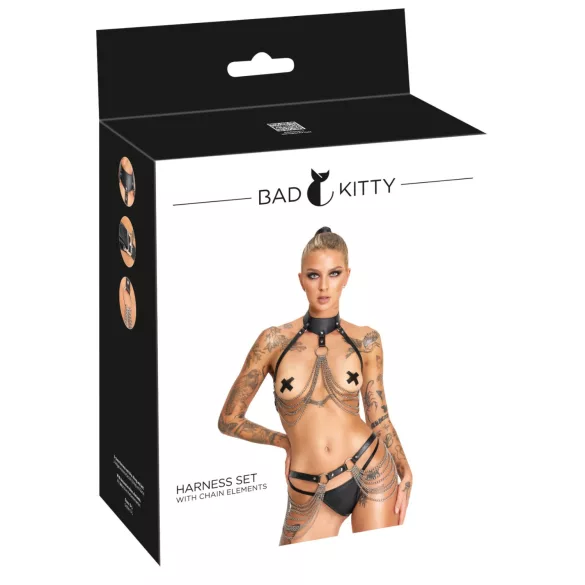 Bad Kitty - 3-teiliges schwarzes Harness-Set mit Brust- und Hüftgurt (S-L)