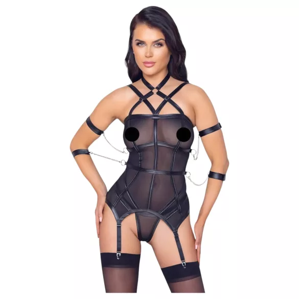Cottelli Bondage - Oberteil mit Gurten, Handfesseln & String (schwarz) - M