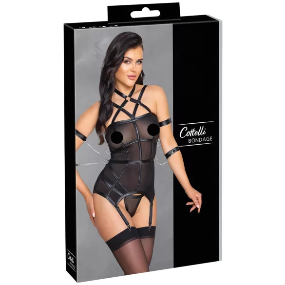 Cottelli Bondage - Oberteil mit Gurten, Handfesseln & String (schwarz) - M
