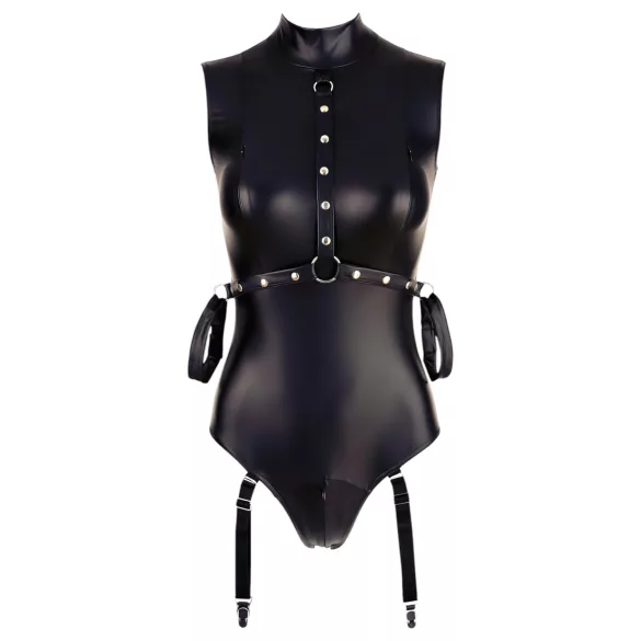 Cottelli Bondage - Ärmeloser, glänzender Body & Armfessel (Schwarz) - M