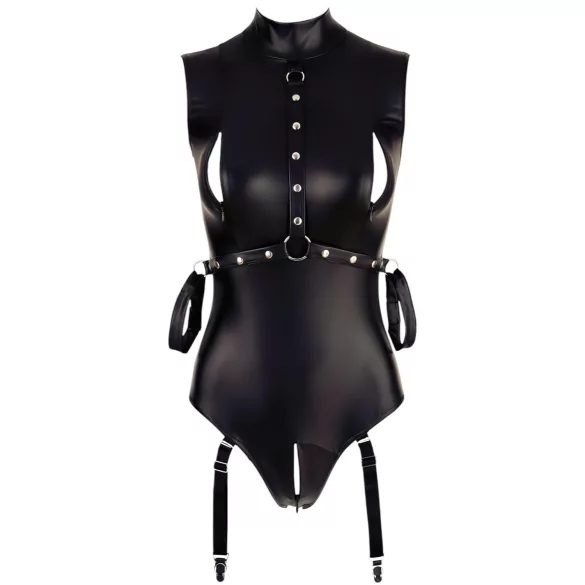 Cottelli Bondage - Ärmeloser, glänzender Body & Armfessel (Schwarz) - XL