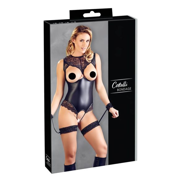 Cottelli Bondage - Glänzender Offener Body & Handfesseln (Schwarz) - XL