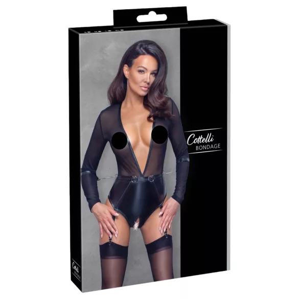 Cottelli - Langarm-Body mit offenem Schritt und Handschellen (schwarz)