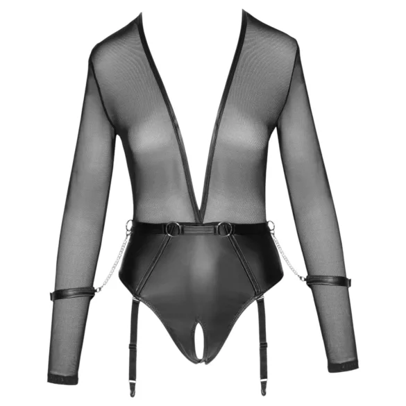 Cottelli - Langarm-Body mit offenem Schritt und Handschellen (schwarz)