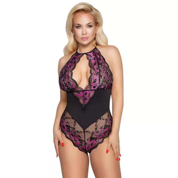 Cottelli Plus Size - Blumen-Body (schwarz-lila) - 3XL