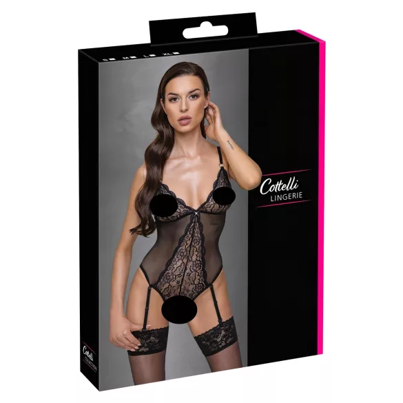 Cottelli - Strumpfhalter, Spitzen-Body mit offenem Design (schwarz) - XL