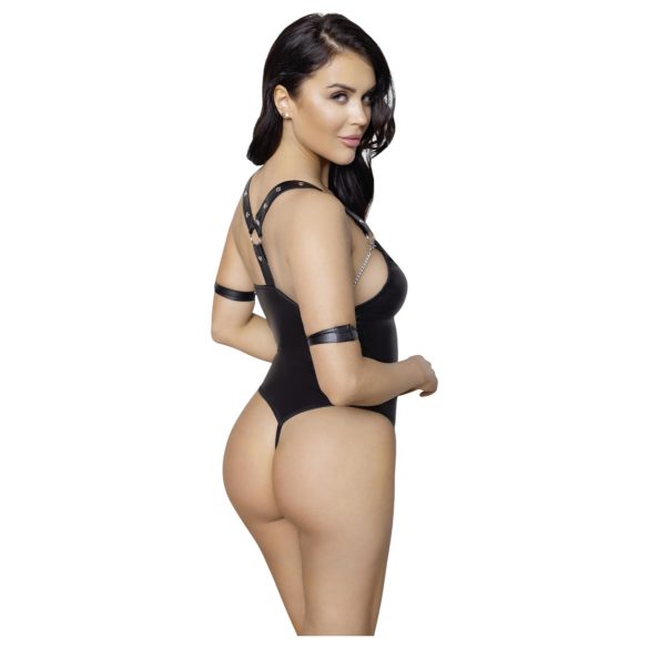 Cottelli Bondage - Glänzender, offener Body mit Ringen (schwarz)