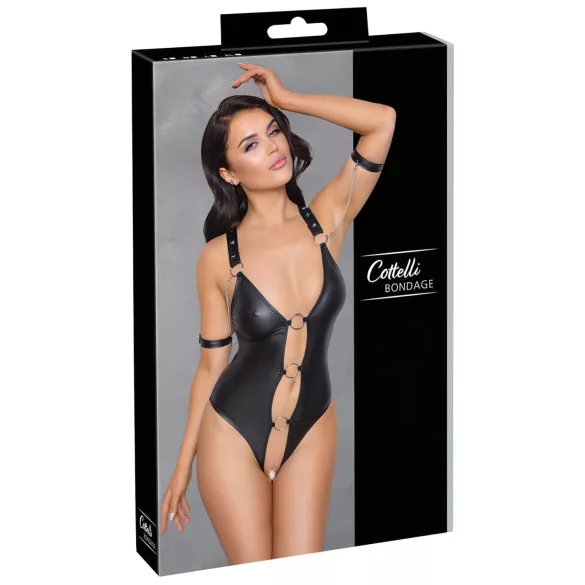 Cottelli Bondage - Glänzender, offener Body mit Ringen (schwarz) - M
