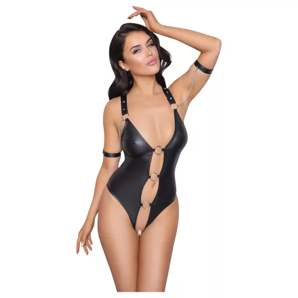 Cottelli Bondage - Glänzender, offener Body mit Ringen (schwarz) - M