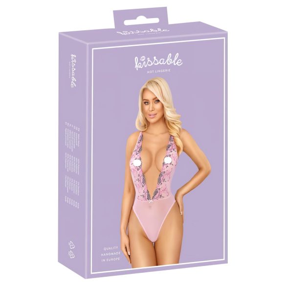 Lustvolles Blumenstickerei-Body in Rosa - L/XL
