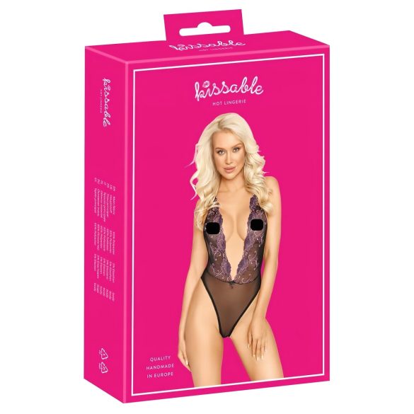 Kusshalter - Schwarzer Body mit rosa Stickerei - L/XL