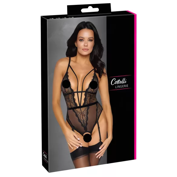 Cottelli - Offener, riemchen Body mit Strumpfhalter (schwarz) - M