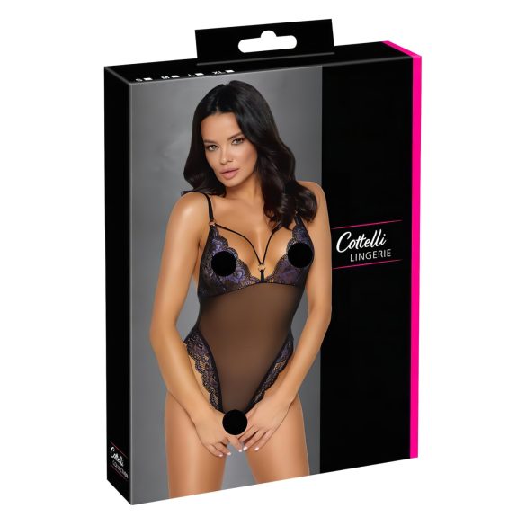 Cottelli - bestickter, offener Spitzenbody (schwarz-lila) - XL
