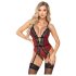 Abierta Fina - Offener Body mit Strumpfhalter (Schwarz-Rot) - XL
