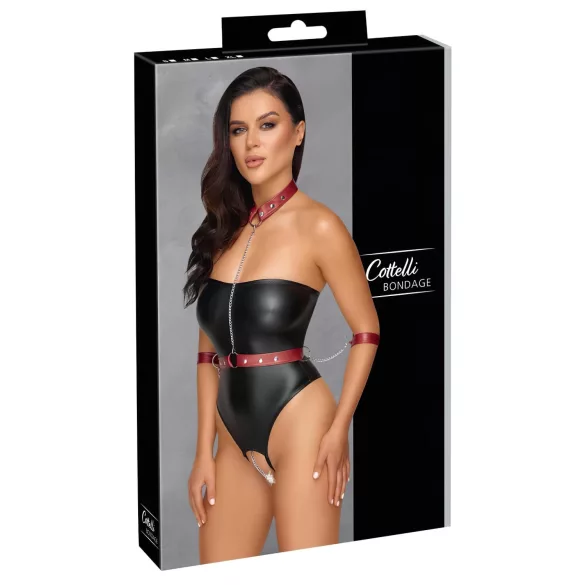 Cottelli Bondage - Glänzender Body und Handfesseln (schwarz) - L