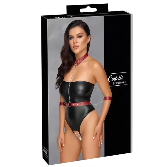 Cottelli Bondage - glänzender Body und Armfesseln (schwarz) - L