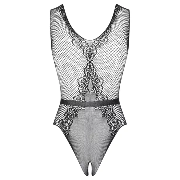 Obsessive - offener, gestrickter Body mit Blumenmuster (schwarz)