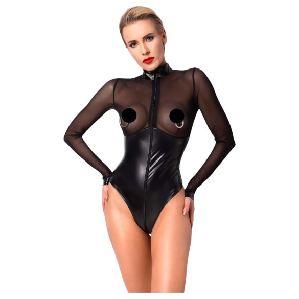 Noir - Glänzender Body mit transparentem Einsatz (Schwarz) - M