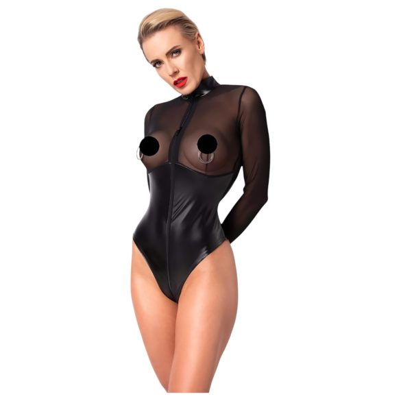 Noir - Glänzender Body mit transparentem Einsatz (Schwarz) - XL