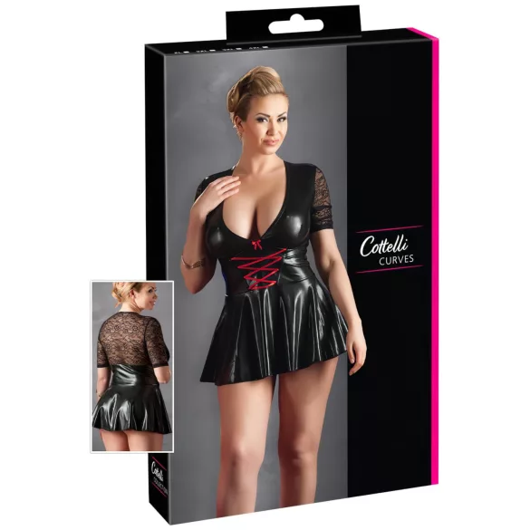 Cottelli Plus Size - Glänzendes Kleid mit rotem Korsett (schwarz)