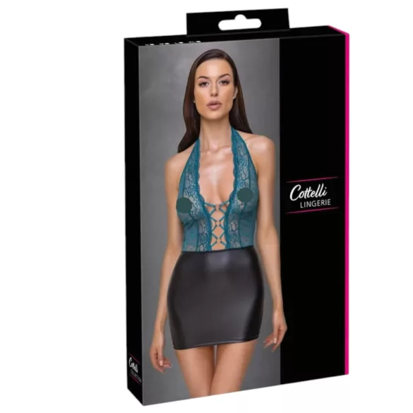 Cottelli - glänzendes Spitzenkleid mit Schnürung (schwarz-grün) - L