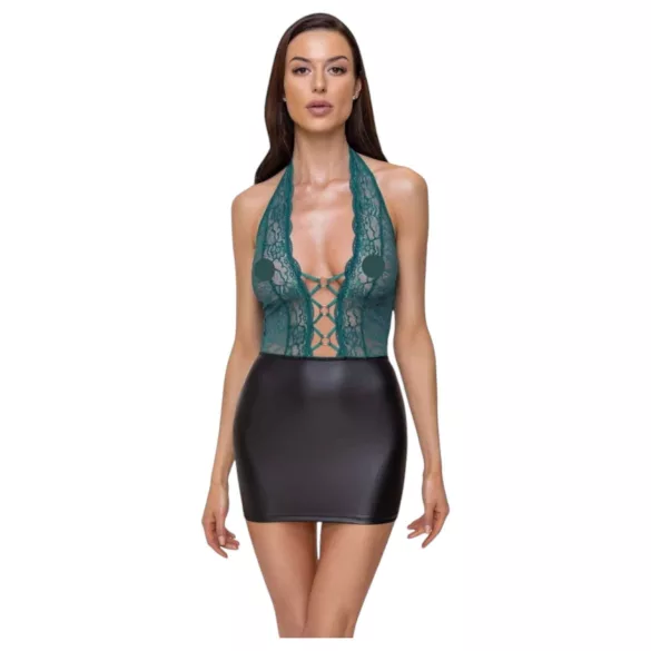Cottelli - glänzendes Spitzenkleid mit Schnürung (schwarz-grün) - XL