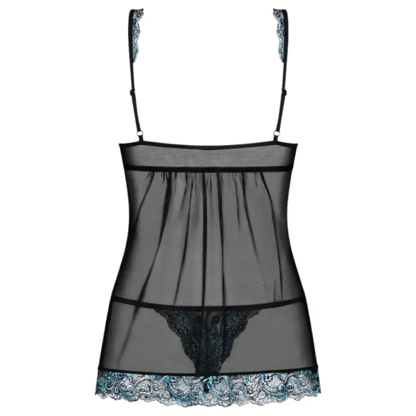Obsessive Amanta - Stickerei-Babydoll und String (Schwarz-Türkis)
