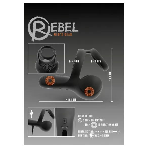 Rebel - vibrierender Hoden- und Dammstimulator Penisring (schwarz)