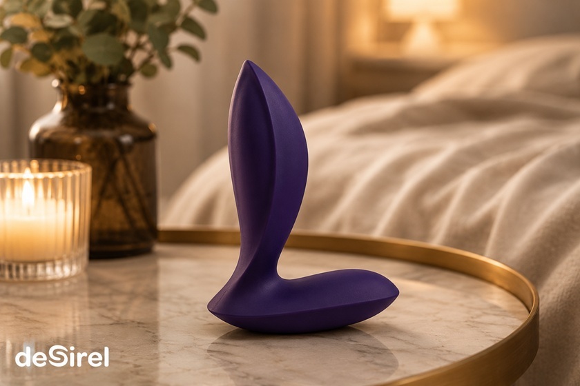 Lila Analspielzeug für Einsteiger in einem gemütlichen, diskreten Schlafzimmer präsentiert | Sexshop Deutschland Desirel.de