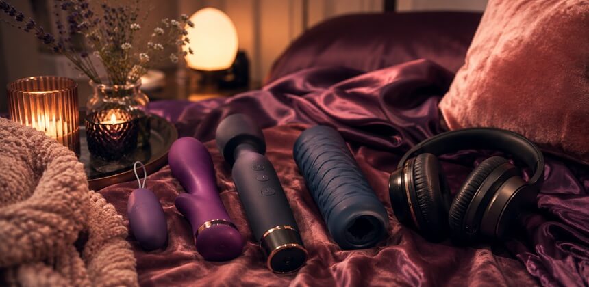Leise Toys und Kopfhörer auf violettem Satin schaffen eine intime ASMR Sex-Stimmung | Sexshop Deutschland Desirel.de